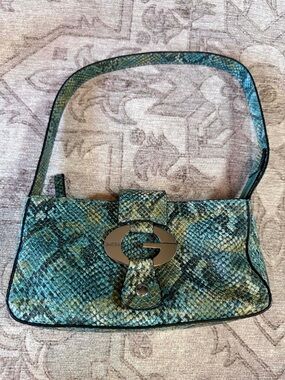 Guess Teal Turquoise Snake-Embossed Shoulder Bag
